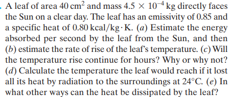 . A leaf of area 40 cm² and mass 4.5 × 10-4 kg directly faces
the Sun on a clear day. The leaf has an emissivity of 0.85 and
a specific heat of 0.80 kcal/kg· K. (a) Estimate the energy
absorbed per second by the leaf from the Sun, and then
(b) estimate the rate of rise of the leaf's temperature. (c) Will
the temperature rise continue for hours? Why or why not?
(d) Calculate the temperature the leaf would reach if it lost
all its heat by radiation to the surroundings at 24°C. (e) In
what other ways can the heat be dissipated by the leaf?

