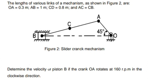 The lengths of various links of a mechanism, as shown in Figure 2, are:
OA = 0.3 m; AB = 1 m; CD = 0.8 m; and AC = CB.
upu
45°
B E
Figure 2: Slider cranck mechanism
Determine the velocity ur piston B if the crank OA rotates at 160 r.p.m in the
clockwise direction.

