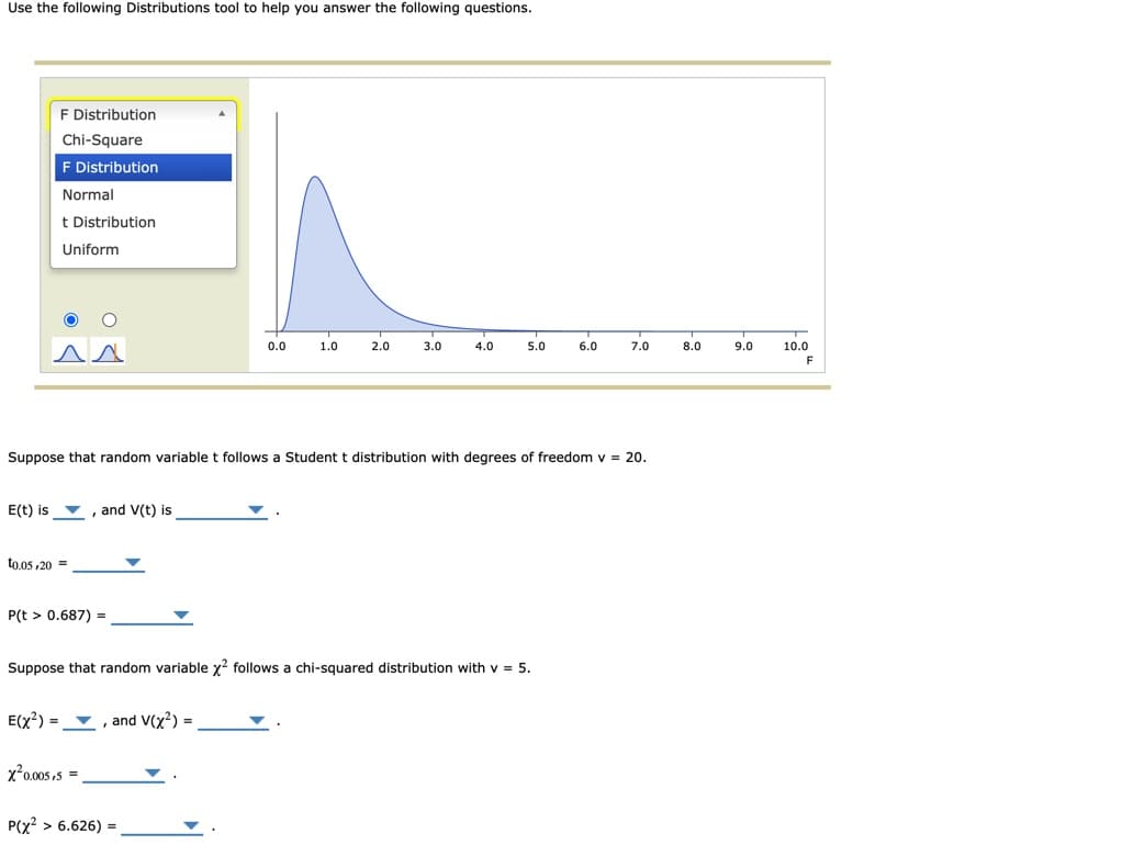 Use the following Distributions tool to help you answer the following questions.
F Distribution
Chi-Square
F Distribution
Normal
t Distribution
Uniform
0.0
1.0
2.0
3.0
4.0
5.0
6.0
7.0
8.0
9.0
10.0
AA
F
Suppose that random variable t follows a Student t distribution with degrees of freedom v = 20.
E(t) is
, and V(t) is
to.05 ,20 =
P(t > 0.687) =
Suppose that random variable y? follows a chi-squared distribution with v = 5.
E(x?) =▼
and V(x?) =
x20.005,5 =
P(x? > 6.626) =
