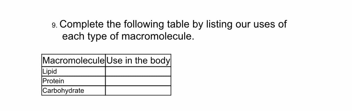 9. Complete the following table by listing our uses of
each type of macromolecule.
Macromolecule|Use in the body
Lipid
Protein
Carbohydrate
