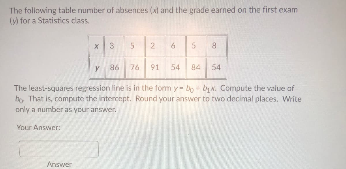 The following table number of absences (x) and the grade earned on the first exam
(y) for a Statistics class.
3.
9.
5
8.
y
86
76
91
54
84
54
The least-squares regression line is in the form y= bo + b,x. Compute the value of
bo. That is, compute the intercept. Round your answer to two decimal places. Write
only a number as your answer.
Your Answer:
Answer
