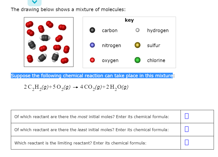 The drawing below shows a mixture of molecules:
key
carbon
hydrogen
nitrogen
sulfur
охудen
chlorine
Suppose the following chemical reaction can take place in this mixture:
2 C,H,(9)+50,(9) → 4 CO,(9)+2 H,O(g)
Of which reactant are there the most initial moles? Enter its chemical formula:
Of which reactant are there the least initial moles? Enter its chemical formula:
Which reactant is the limiting reactant? Enter its chemical formula:
