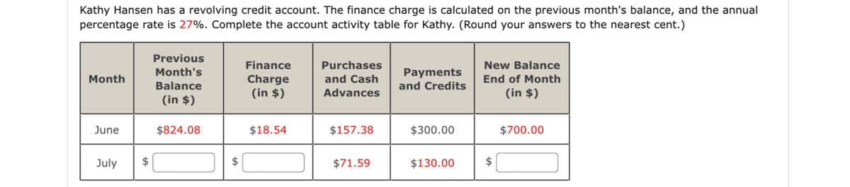 Kathy Hansen has a revolving credit account. The finance charge is calculated on the previous month's balance, and the annual
percentage rate is 27%. Complete the account activity table for Kathy. (Round your answers to the nearest cent.)
Month
June
July
$
Previous
Month's
Balance
(in $)
$824.08
$
Finance
Charge
(in $)
$18.54
Purchases
and Cash
Advances
$157.38
$71.59
Payments
and Credits
$300.00
$130.00
New Balance
End of Month
(in $)
$
$700.00
