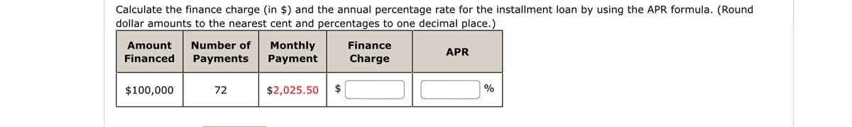 Calculate the finance charge (in $) and the annual percentage rate for the installment loan by using the APR formula. (Round
dollar amounts to the nearest cent and percentages to one decimal place.)
Amount Number of
Financed Payments
$100,000
72
Monthly
Payment
$2,025.50 $
Finance
Charge
APR
%