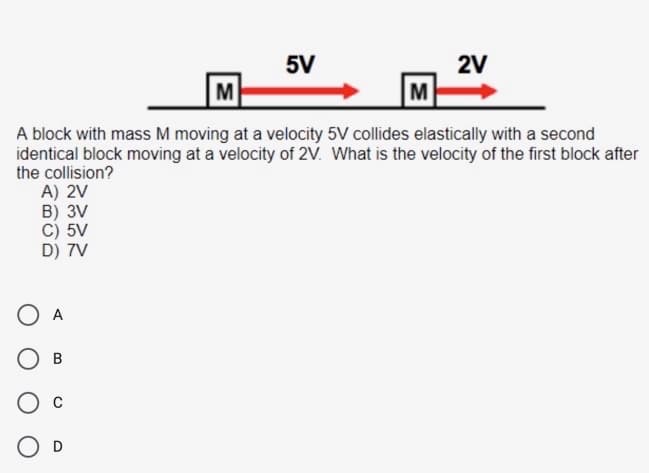 5V
2V
M
M
A block with mass M moving at a velocity 5V collides elastically with a second
identical block moving at a velocity of 2V. What is the velocity of the first block after
the collision?
A) 2V
B) 3V
C) 5V
D) 7V
O A
O D
