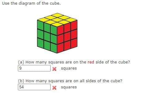 Use the diagram of the cube.
(a) How many squares are on the red side of the cube?
9
X squares
(b) How many squares are on all sides of the cube?
54
X squares