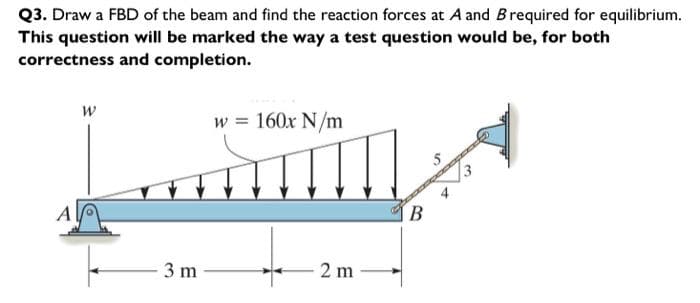 Q3. Draw a FBD of the beam and find the reaction forces at A and Brequired for equilibrium.
This question will be marked the way a test question would be, for both
correctness and completion.
A
W
3 m
w = 160x N/m
2 m
B