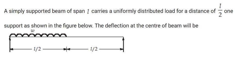 A simply supported beam of span 1 carries a uniformly distributed load for a distance of
one
support as shown in the figure below. The deflection at the centre of beam will be
w
1/2
1/2
