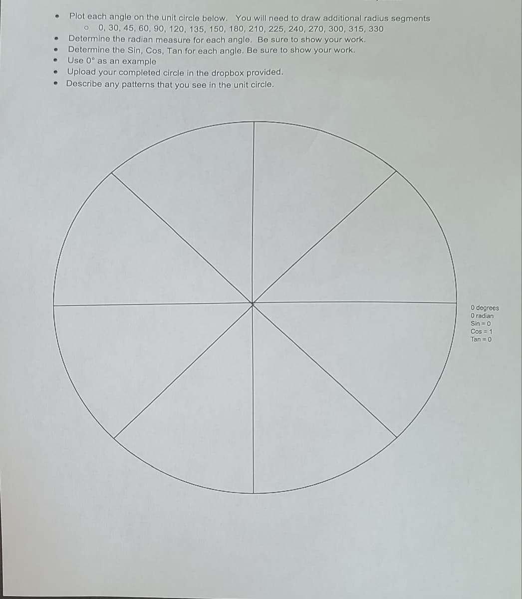 .
●
Plot each angle on the unit circle below. You will need to draw additional radius segments
O 0, 30, 45, 60, 90, 120, 135, 150, 180, 210, 225, 240, 270, 300, 315, 330
Determine the radian measure for each angle. Be sure to show your work.
Determine the Sin, Cos, Tan for each angle. Be sure to show your work.
Use 0° as an example
Upload your completed circle in the dropbox provided.
Describe any patterns that you see in the unit circle.
0 degrees
0 radian
Sin = 0
Cos = 1
Tan = 0