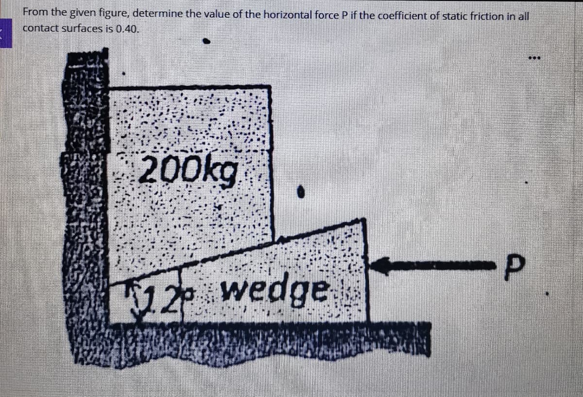 From the given figure, determine the value of the horizontal force P if the coefficient of static friction in all
contact surfaces is 0.40.
200kg
P.
12 wedge
