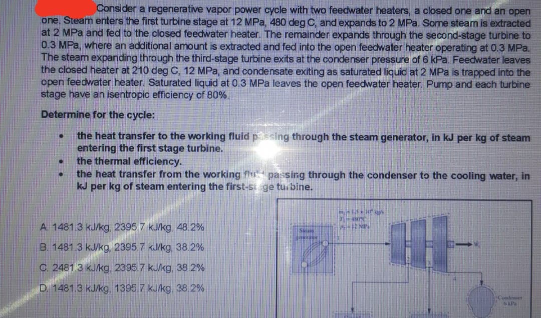 Consider a regenerative vapor power cycle with two feedwater heaters, a closed one and an open
one. Steam enters the first turbine stage at 12 MPa, 480 deg C, and expands to 2 MPa. Some steam is extracted
at 2 MPa and fed to the closed feedwater heater. The remainder expands through the second-stage turbine to
0.3 MPa, where an additional amount is extracted and fed into the open feedwater heater operating at 0.3 MPa.
The steam expanding through the third-stage turbine exits at the condenser pressure of 6 kPa. Feedwater leaves
the closed heater at 210 deg C, 12 MPa, and condensate exiting as saturated liquid at 2 MPa is trapped into the
open feedwater heater. Saturated liquid at 0.3 MPa leaves the open feedwater heater. Pump and each turbine
stage have an isentropic efficiency of 80%,
Determine for the cycle:
the heat transfer to the working fluid pssing through the steam generator, in kJ per kg of steam
entering the first stage turbine.
the thermal efficiency.
the heat transfer from the working f passing through the condenser to the cooling water, in
kJ per kg of steam entering the first-st ge turbine.
A. 1481 3 kJ/kg, 2395 7 kJ/kg, 48.2%
B 1481 3 kJ/kg, 2395.7 kJ/kg, 38.2%
C 2481 3 kJ/kg, 2395.7 kJ/kg, 38.2%
D 1481 3 kJ/kg 1395 7 kJ/kg, 38.2%
Condenser
