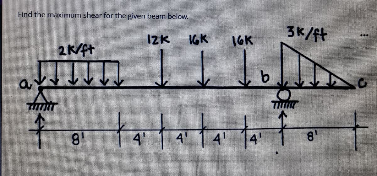 Find the maximum shear for the given beam below.
3K/ft
I2K
IGK
16K
2K/ft
a
to
4"
4'
4'
4'
8'
