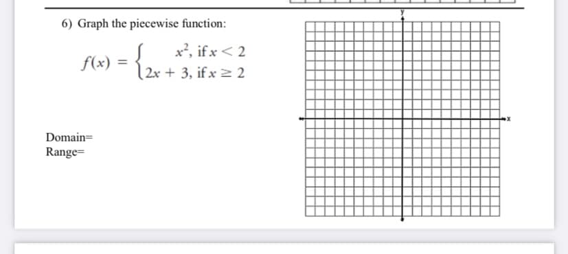 6) Graph the piecewise function:
x?, if x < 2
2x + 3, if x 2 2
f(x) =
Domain=
Range=
