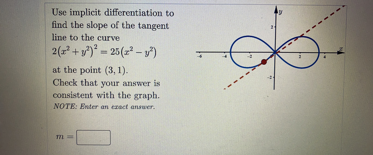 Use implicit differentiation to
find the slope of the tangent
2
line to the curve
2(z² + y°)* = 25(z² – y²)
%3D
-2
at the point (3, 1).
Check that your answer is
consistent with the graph.
NOTE: Enter an exact answer.
