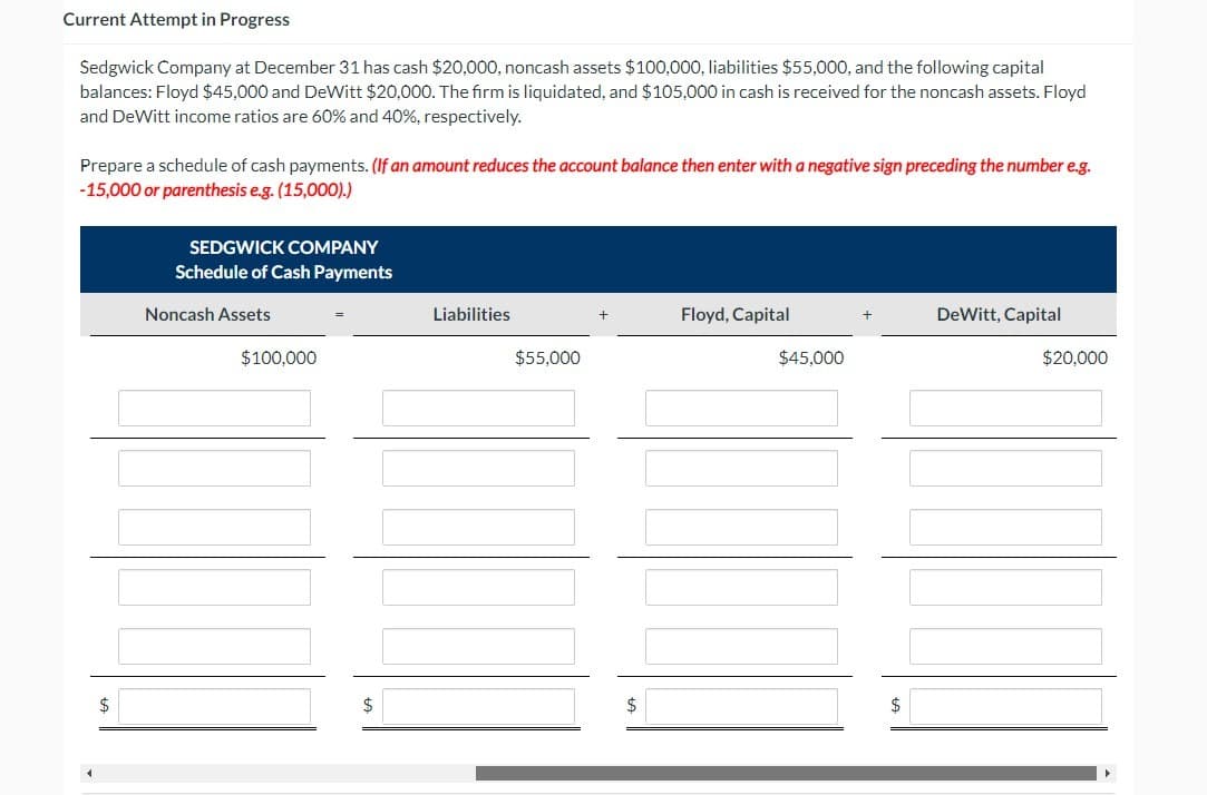 Current Attempt in Progress
Sedgwick Company at December 31 has cash $20,000, noncash assets $100,000, liabilities $55,000, and the following capital
balances: Floyd $45,000 and DeWitt $20,000. The firm is liquidated, and $105,000 in cash is received for the noncash assets. Floyd
and DeWitt income ratios are 60% and 40%, respectively.
Prepare a schedule of cash payments. (If an amount reduces the account balance then enter with a negative sign preceding the number e.g.
-15,000 or parenthesis e.g. (15,000).)
$
SEDGWICK COMPANY
Schedule of Cash Payments
Noncash Assets
$100,000
$
Liabilities
$55,000
$
Floyd, Capital
$45,000
+
$
DeWitt, Capital
$20,000