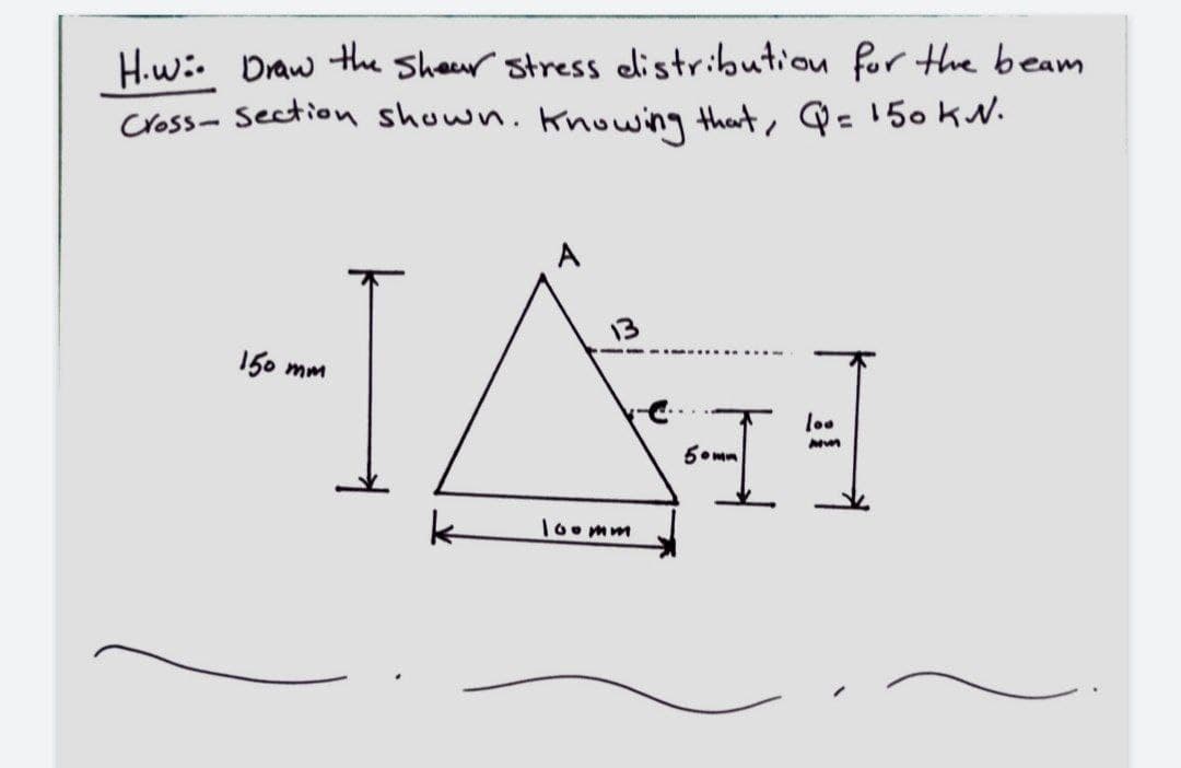 H.w:. Draw the Sheer stress elistribution for the beam
Cross- Section shown. Knowing that, Q = 150 kN.
150 mm
6• mm
k-
loomm
