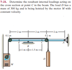 7-21. Determine the resultant internal loadings acting on
the cross section at point C in the beam. The load D has a
mass of 300 kg and is being hoisted by the motor M with
constant velocity.
-2m
-2 m
-2 m
0.1 m
0.1 m
E-
в
-1 m--1.5 m.
м
