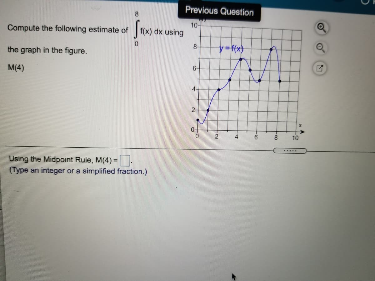 Previous Question
8.
10-1
f(x) dx using
Compute the following estimate of
8-
the graph in the figure.
M(4)
6-
4-
2-
2
4
8
10
.....
Using the Midpoint Rule, M(4) =
(Type an integer or a simplified fraction.)
%3D
