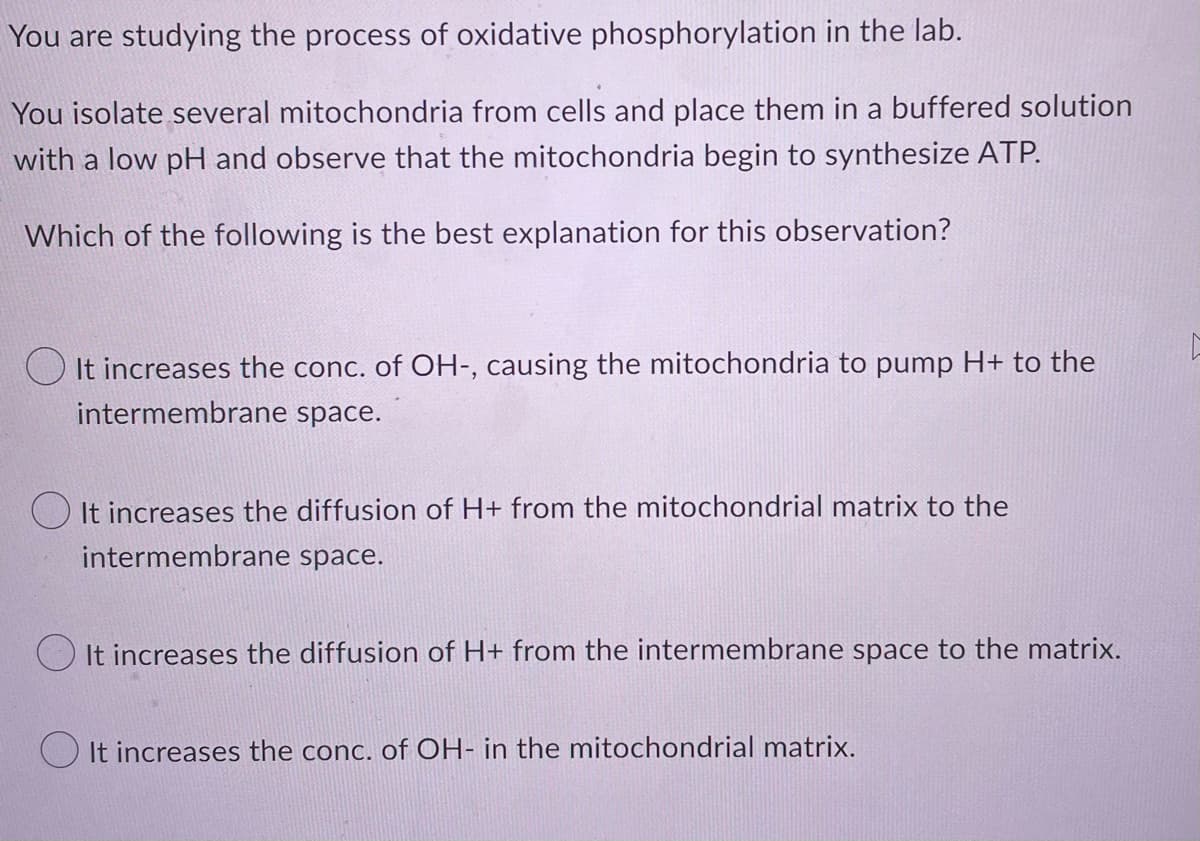 You are studying the process of oxidative phosphorylation in the lab.
You isolate several mitochondria from cells and place them in a buffered solution
with a low pH and observe that the mitochondria begin to synthesize ATP.
Which of the following is the best explanation for this observation?
F
It increases the conc. of OH-, causing the mitochondria to pump H+ to the
intermembrane space.
It increases the diffusion of H+ from the mitochondrial matrix to the
intermembrane space.
It increases the diffusion of H+ from the intermembrane space to the matrix.
It increases the conc. of OH- in the mitochondrial matrix.