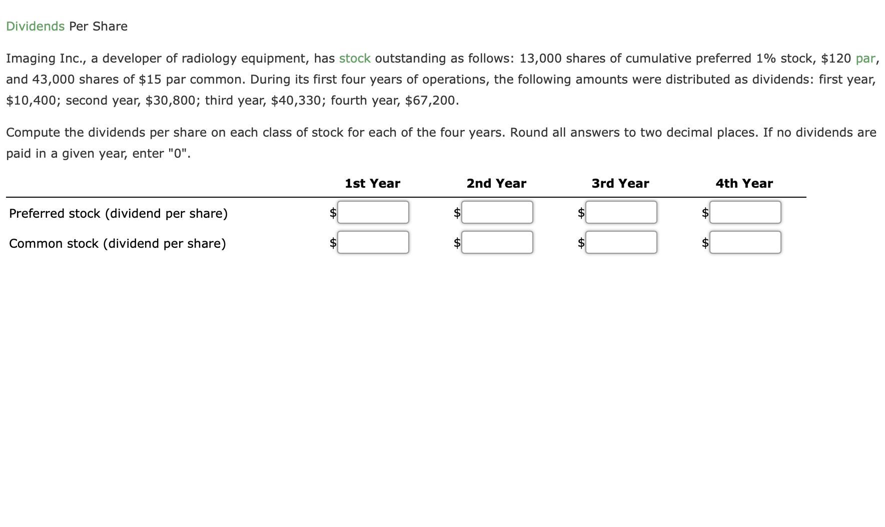 Imaging Inc., a developer of radiology equipment, has stock outstanding as follows: 13,000 shares of cumulative preferred 1% stock, $120 par,
and 43,000 shares of $15 par common. During its first four years of operations, the following amounts were distributed as dividends: first year,
$10,400; second year, $30,800; third year, $40,330; fourth year, $67,200.
Compute the dividends per share on each class of stock for each of the four years. Round all answers to two decimal places. If no dividends are
paid in a given year, enter "0".
1st Year
2nd Year
3rd Year
4th Year
Preferred stock (dividend per share)
$4
Common stock (dividend per share)
$4
