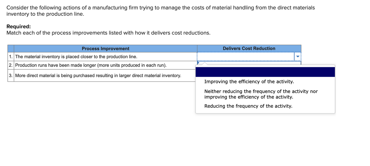 Consider the following actions of a manufacturing firm trying to manage the costs of material handling from the direct materials
inventory to the production line.
Required:
Match each of the process improvements listed with how it delivers cost reductions.
Process Improvement
Delivers Cost Reduction
1. The material inventory is placed closer to the production line.
2. Production runs have been made longer (more units produced in each run).
3. More direct material is being purchased resulting in larger direct material inventory.
Improving the efficiency of the activity.
Neither reducing the frequency of the activity nor
improving the efficiency of the activity.
Reducing the frequency of the activity.
