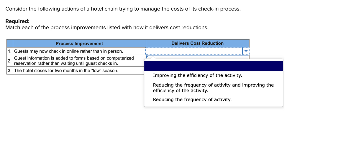 Consider the following actions of a hotel chain trying to manage the costs of its check-in process.
Required:
Match each of the process improvements listed with how it delivers cost reductions.
Process Improvement
Delivers Cost Reduction
1. Guests may now check in online rather than in person.
Guest information is added to forms based on computerized
2.
reservation rather than waiting until guest checks in.
3. The hotel closes for two months in the "low" season.
Improving the efficiency of the activity.
Reducing the frequency of activity and improving the
efficiency of the activity.
Reducing the frequency of activity.
