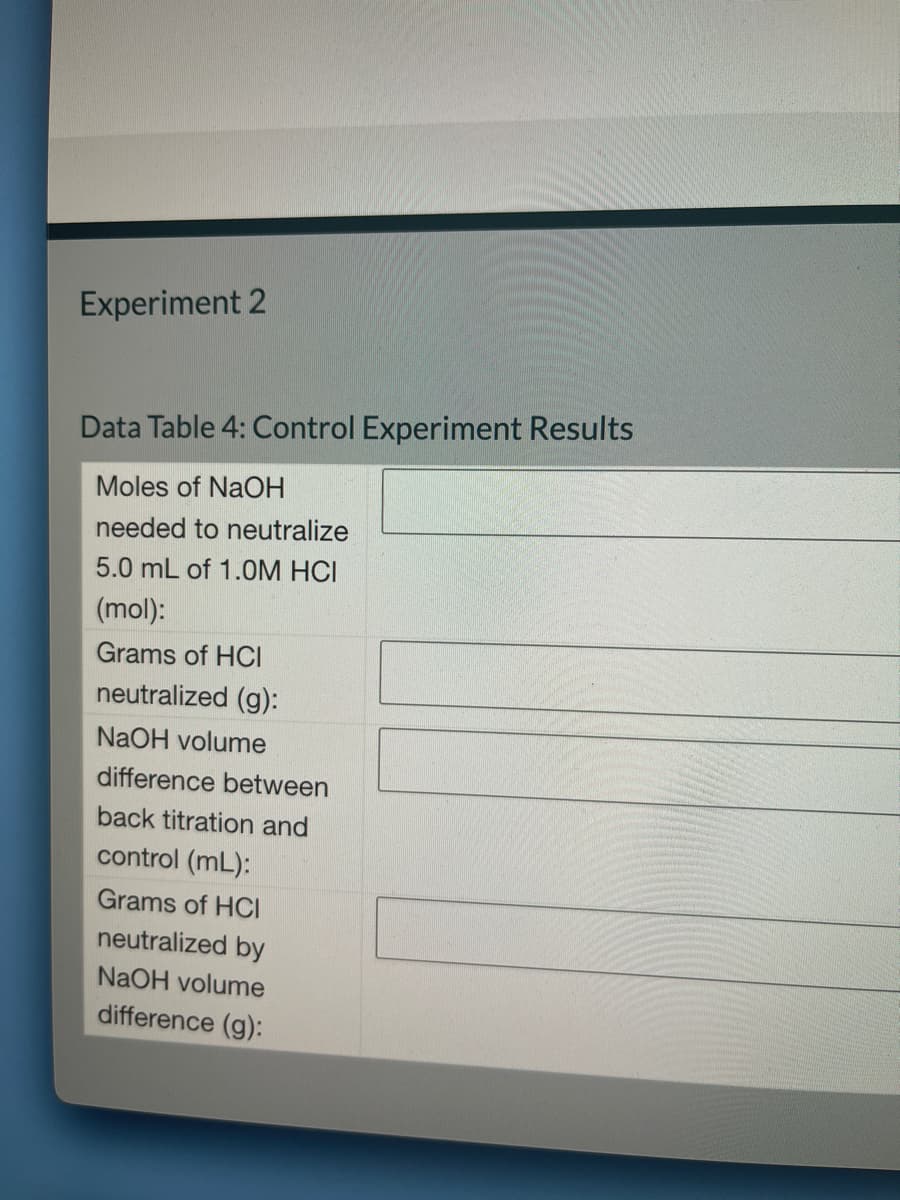 Experiment 2
Data Table 4: Control Experiment Results
Moles of NaOH
needed to neutralize
5.0 mL of 1.0M HCI
(mol):
Grams of HCI
neutralized (g):
NaOH volume
difference between
back titration and
control (mL):
Grams of HCI
neutralized by
NaOH volume
difference (g):