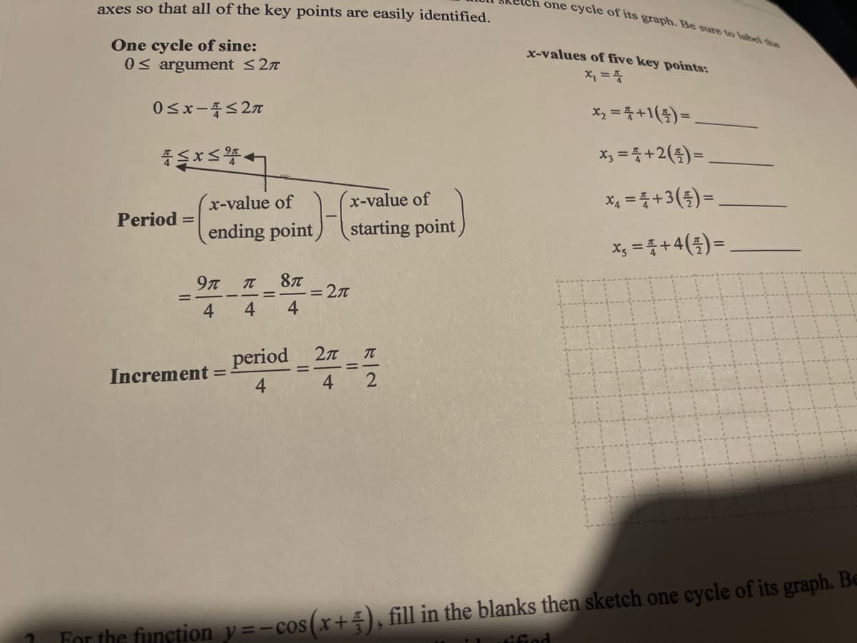 lch one cycle of its graph. Be sure to label the
ending point) (starting point)
axes so that all of the key points are easily identified.
One cycle of sine:
0< argument <2n
x-values of five key points:
저 %3D
0<x-폭S 2x
X2=D +1(중) -
x3=D +2(종) =
x-value of
x-value of
X43D +3(플)=.
Period =
x, =+4() =.
= 2n
4
4
Increment
4.
period 27
4
For the function y=-cos(x+), fill in the blanks then sketch one cycle of its graph. Be
ifiod
