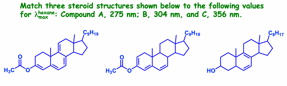 Match three steroid structures shown below to the following values
for Ahexane: Compound A, 275 nm; B, 304 nm, and C, 356 nm.
max
CH19
C9H19
C3H17
H3C
H3C
HO
