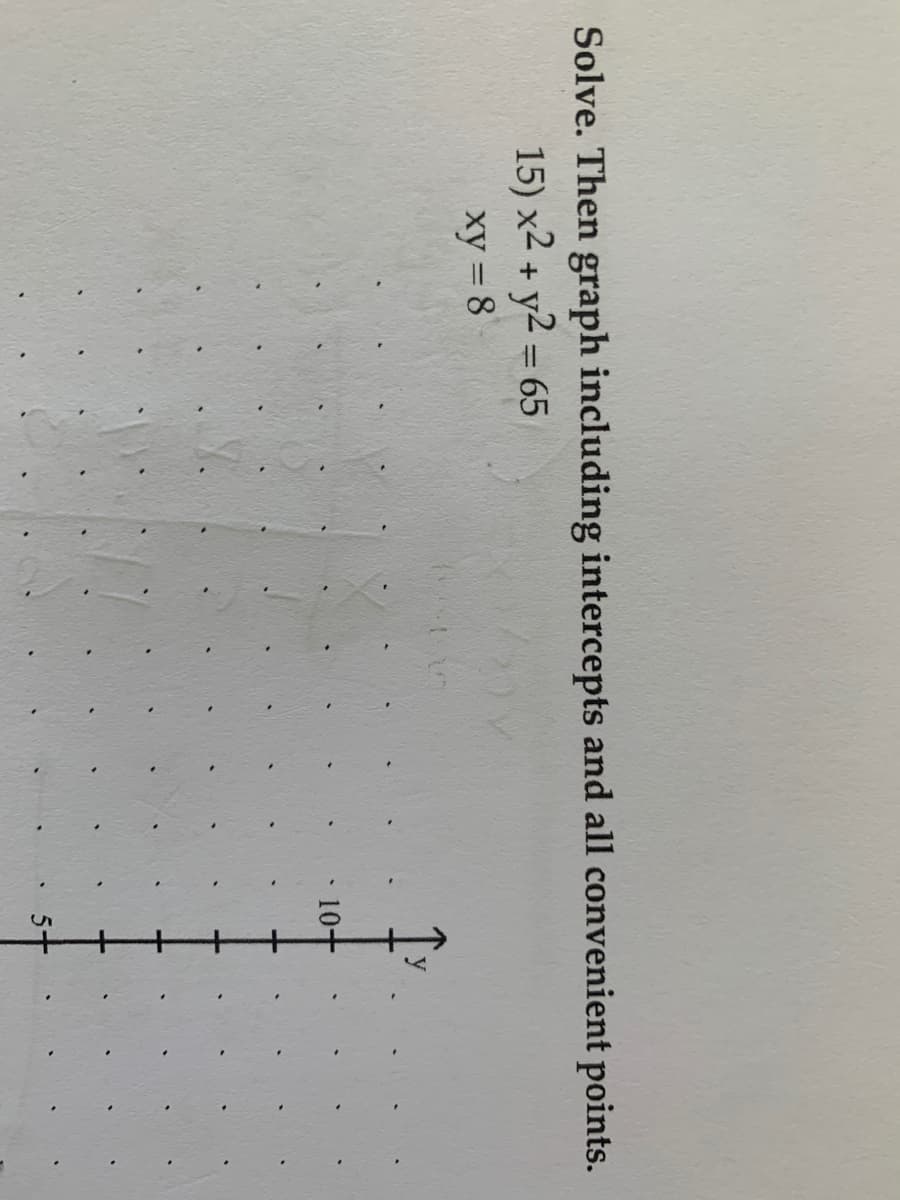 Solve. Then graph including intercepts and all convenient points.
15) x2 + y2 = 65
%3D
xy = 8
10+
