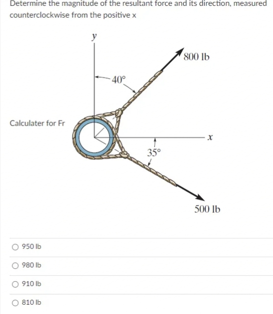 Determine the magnitude of the resultant force and its direction, measured
counterclockwise from the positive x
800 lb
- 40°
Calculater for Fr
35°
500 lb
O 950 lb
980 lb
O 910 lb
O 810 lb
