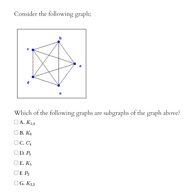 Consider the following graph;
b
Which of the following graphs are subgraphs of the graph above?
OA. K1,4
O B. K6
O C. C4
D. P3
O E. K5
OF. P2
O G. K3,3

