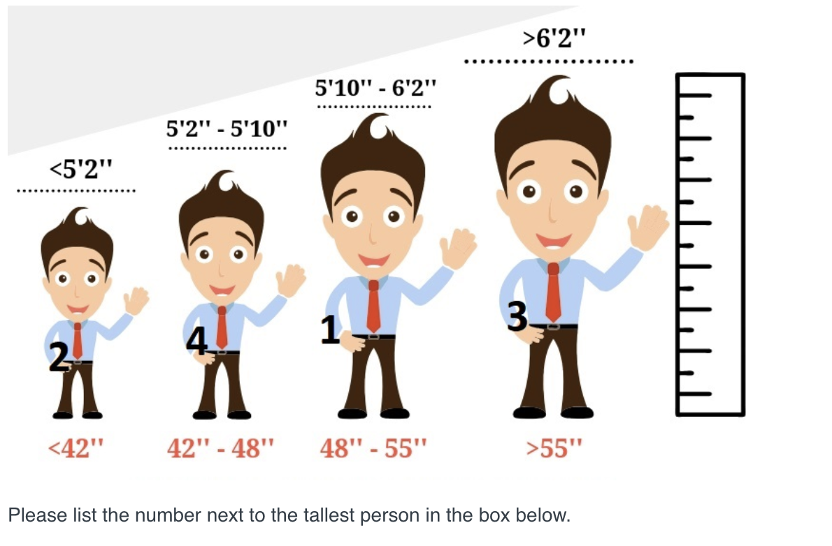 >6'2"
5'2" - 5'10"
5'10" - 6'2"
<5'2"
1
1
1
<42"
42" - 48"
48" - 55"
>55"
Please list the number next to the tallest person in the box below.
3.
A