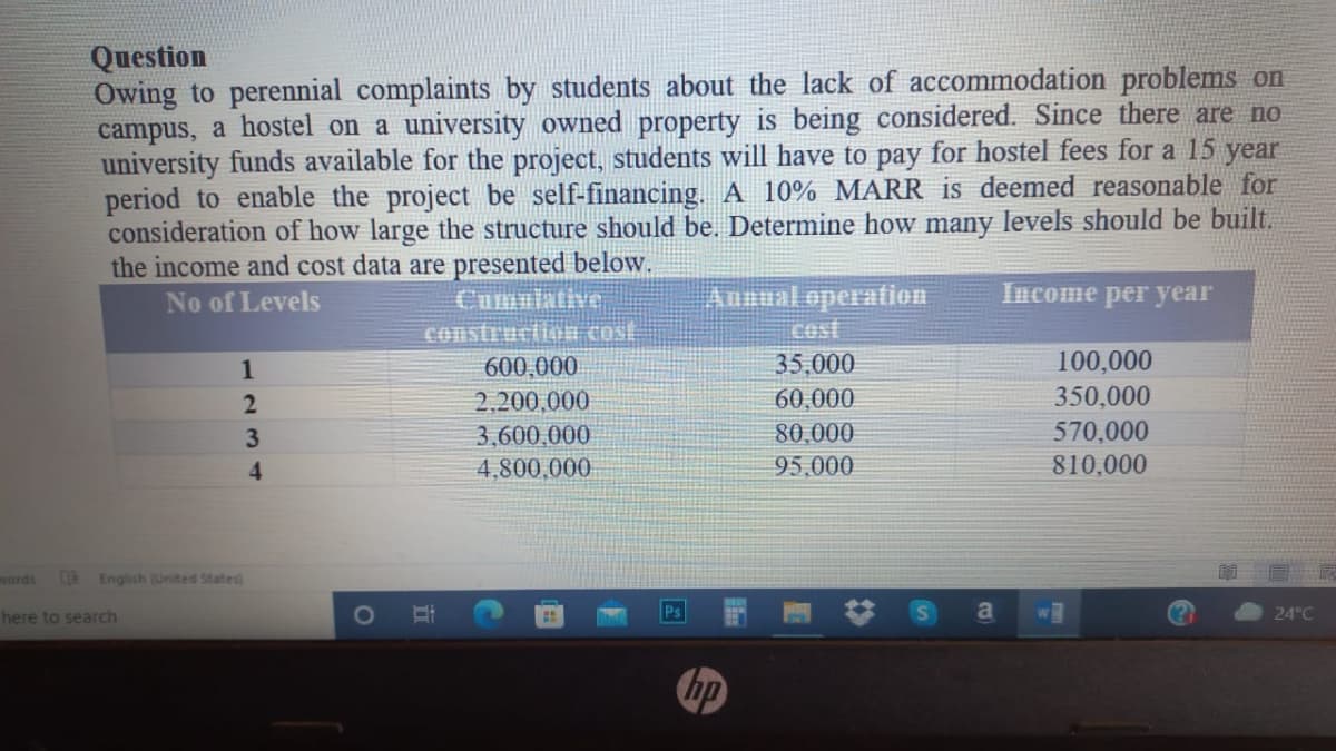 Question
Owing to perennial complaints by students about the lack of accommodation problems on
campus, a hostel on a university owned property is being considered. Since there are no
university funds available for the project, students will have to pay for hostel fees for a 15 year
period to enable the project be self-financing. A 10% MARR is deemed reasonable for
consideration of how large the structure should be. Determine how many levels should be built.
the income and cost data are presented below.
No of Levels
Cumulative
Annual operation
Income per year
construction cost
1
600,000
35,000
100,000
2,200,000
60,000
350,000
3,600,000
80,000
570,000
4,800,000
95,000
810,000
2
words
here to search
3
English (United States)
4
ii
C
E
hp
a W
24°C