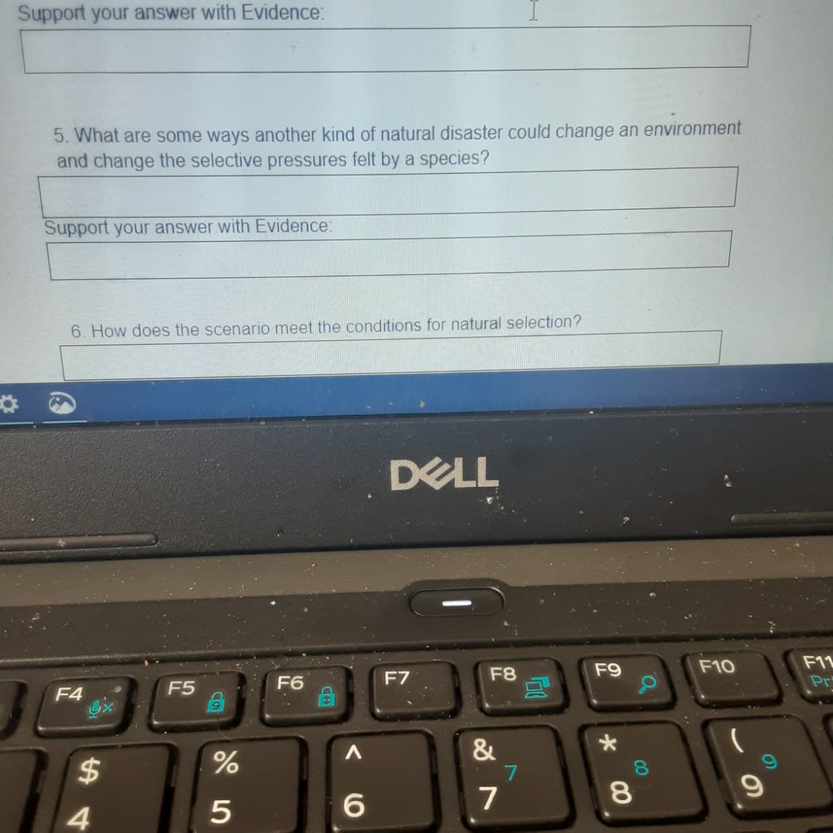 Support your answer with Evidence:
5. What are some ways another kind of natural disaster could change an environment
and change the selective pressures felt by a species?
Support your answer with Evidence:
6. How does the scenario meet the conditions for natural selection?
DELL
F9
F10
F11
F6
F7
F8
Pr
F4
F5
&
$
8.
7
8
Co
