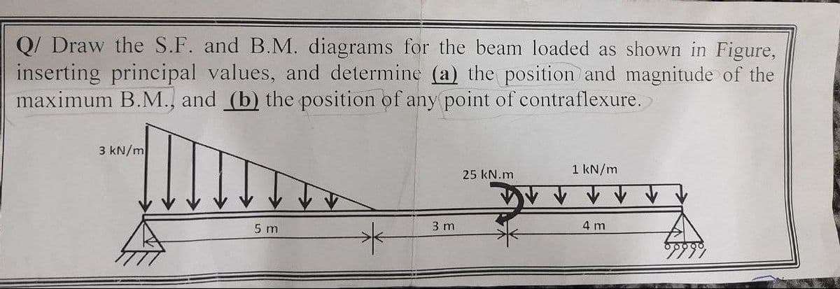 Q/ Draw the S.F. and B.M. diagrams for the beam loaded as shown in Figure,
inserting principal values, and determine (a) the position and magnitude of the
maximum B.M., and (b) the position of any point of contraflexure.
3 kN/m
1 kN/m
25 kN.m
4 m
5 m
3 m