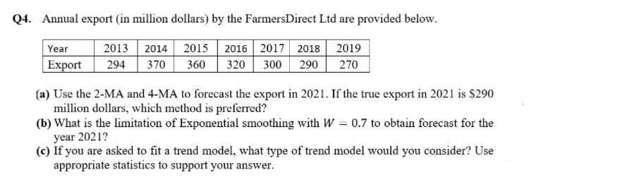 Q4. Annual export (in million dollars) by the FarmersDirect Ltd are provided below.
Year
Export
2013 2014 2015 2016 2017 2018 2019
320 300 290
294
370
360
270
(a) Use the 2-MA and 4-MA to forecast the export in 2021. If the true export in 2021 is S290
million dollars, which method is preferred?
(b) What is the limitation of Exponential smoothing with W = 0.7 to obtain forecast for the
year 2021?
(c) If you are asked to fit a trend model, what type of trend model would you consider? Use
appropriate statistics to support your answer.
