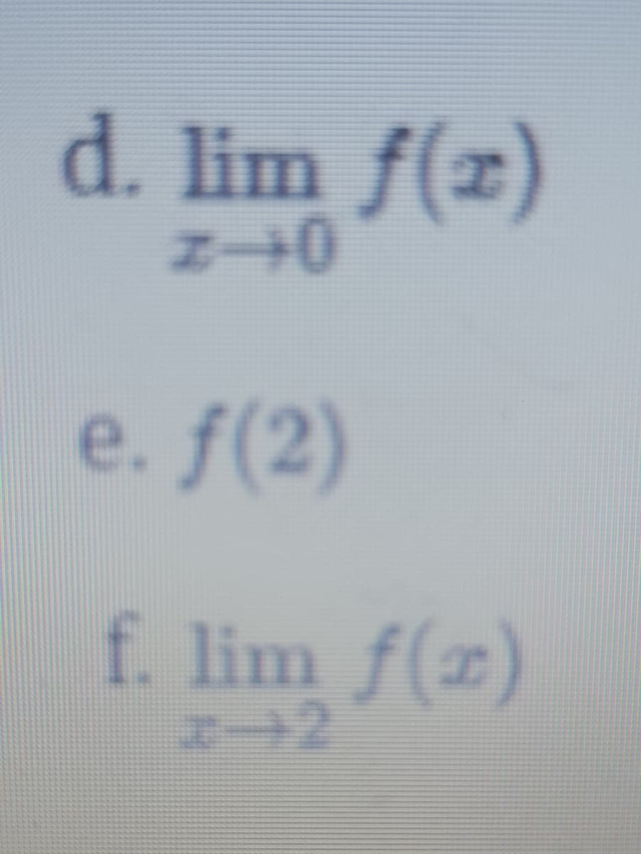 d. lim f(z)
Z-40
e. f(2)
f. lim f(x)