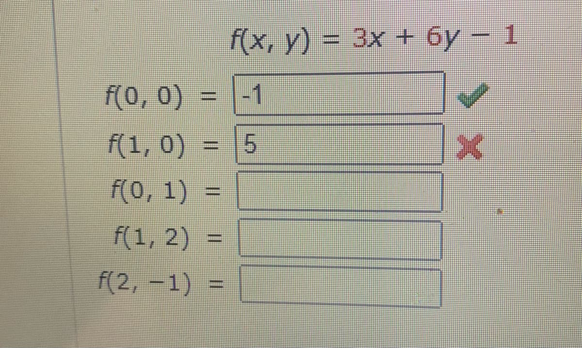 f(0, 0)
m
f(1, 0)
f(0, 1)
f(1, 2) =
f(2, -1) =
=
I
========
f(x, y) = 3x + 6y - 1
-1
5
эх