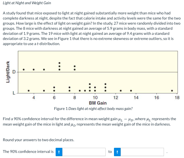 Light at Night and Weight Gain
A study found that mice exposed to light at night gained substantially more weight than mice who had
complete darkness at night, despite the fact that calorie intake and activity levels were the same for the two
groups. How large is the effect of light on weight gain? In the study, 27 mice were randomly divided into two
groups. The 8 mice with darkness at night gained an average of 5.9 grams in body mass, with a standard
deviation of 1.9 grams. The 19 mice with light at night gained an average of 9.4 grams with a standard
deviation of 3.2 grams. We see in Figure 1 that there is no extreme skewness or extreme outliers, so it is
appropriate to use a t-distribution.
:
:
6
8
10
12
14
16
18
BM Gain
Figure 1 Does light at night affect body mass gain?
Find a 90% confidence interval for the difference in mean weight gain 4z – HD. where HL represents the
mean weight gain of the mice in light and Ho represents the mean weight gain of the mice in darkness.
Round your answers to two decimal places.
The 90% confidence interval is !
to
...
..
D.
Light/Dark
