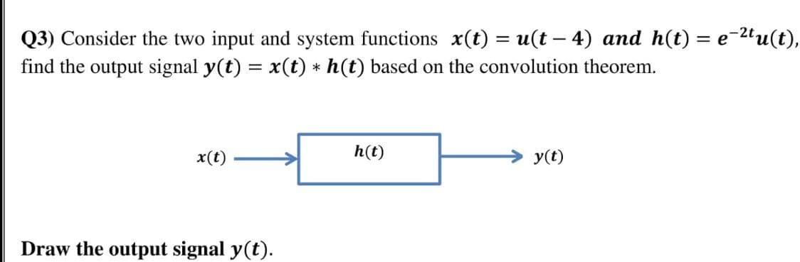Q3) Consider the two input and system functions x(t) = u(t – 4) and h(t) = e-2'u(t),
find the output signal y(t) = x(t) * h(t) based on the convolution theorem.
x(t)
h(t)
y(t)
Draw the output signal y(t).

