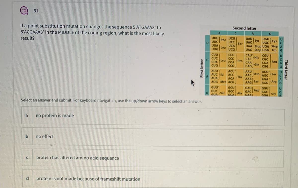 31
If a point substitution mutation changes the sequence 5'ATGAAA3' to
5'ACGAAA3' in the MIDDLE of the coding region, what is the most likely
Second letter
result?
Phe UCU
UUCJ
UAU Tyr
UUT
UGU 1
UGC
UAA Stop UGA Stop
UAG Stop UGG Trp
UC
UACJ
Cys
Ser
UUA
UCA
Leu
UUG
UCG
CU
CUC
CUA
CUG
CCU
CAU)
CGU
His
CC
C
CAC)
Leu
CA
Pro
Arg
CAA
Gln
CAG
CGA
CGG
AUU
AAU
AAC Asn AGC
Thr
AAA
ACU
AGU
AUC lle ACC
Ser
AUA
AUG Met ACG
ACA
AGA 1
AAG Lys AGG Arg
GUU
GUC
Val
GCU
GAU]
Asp
GAC)
Ala
GGU
GGC
GCC
GUA
GCA
GAA1
GGA
Gly
Select an answer and submit. For keyboard navigation, use the up/down arrow keys to select an answer.
a
no protein is made
no effect
protein has altered amino acid sequence
protein is not made because of frameshift mutation
Third letter
First letter
