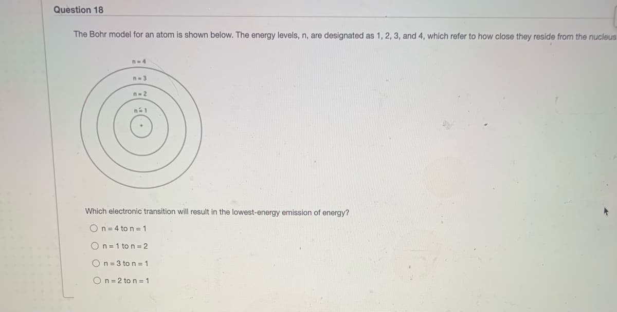 Question 18
The Bohr model for an atom is shown below. The energy levels, n, are designated as 1, 2, 3, and 4, which refer to how close they reside from the nucleus.
n-4
n- 3
n-2
Which electronic transition will result in the lowest-energy emission of energy?
On= 4 to n = 1
On =1 to n =2
O n= 3 to n = 1
On = 2 to n = 1

