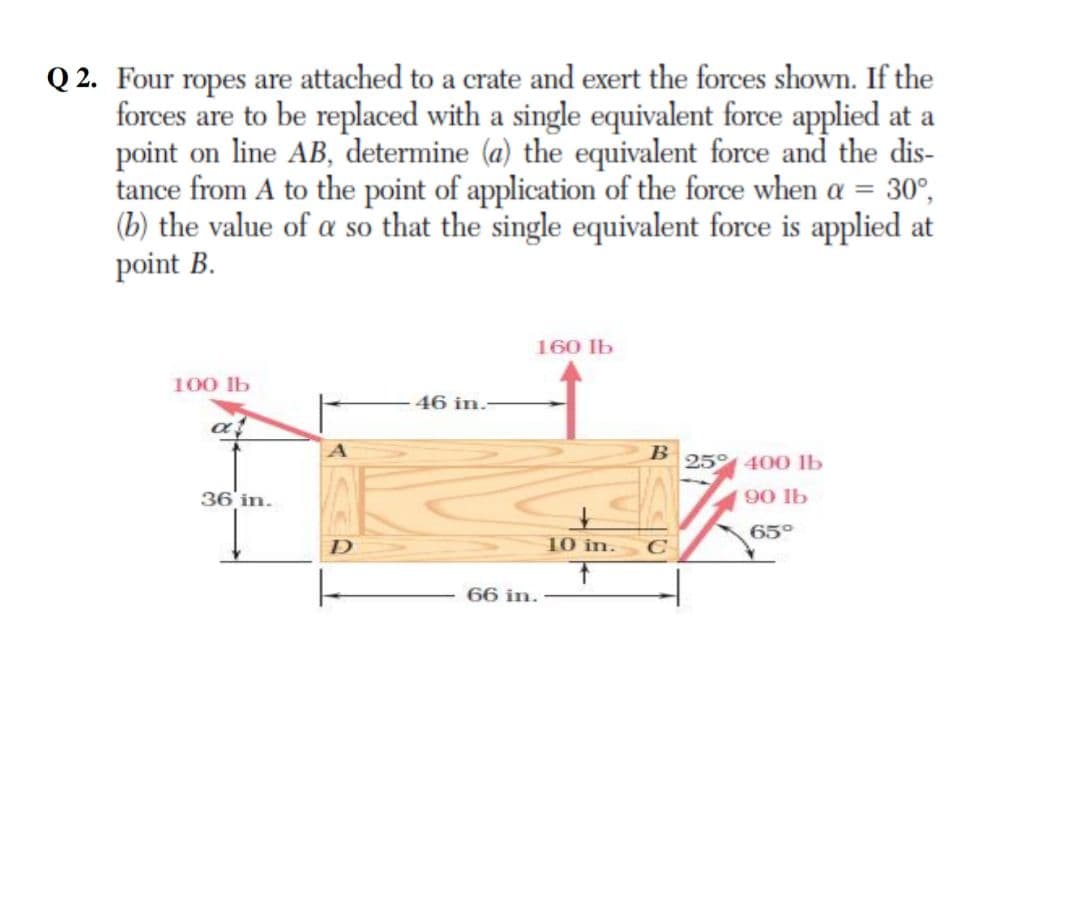 Q 2. Four ropes are attached to a crate and exert the forces shown. If the
forces are to be replaced with a single equivalent force applied at a
point on line AB, determine (a) the equivalent force and the dis-
tance from A to the point of application of the force when a = 30°,
(b) the value of a so that the single equivalent force is applied at
point B.
160 Ib
100 lb
46 in.
B
25 400 lb
36 in.
90 lb
65°
D
10 in.
C
66 in.
