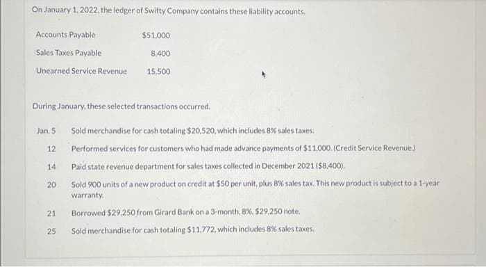 On January 1, 2022, the ledger of Swifty Company contains these liability accounts.
$51,000
Accounts Payable
Sales Taxes Payable
Unearned Service Revenue
During January, these selected transactions occurred.
Jan. 5
12
14
20
21
8,400
15,500
25
Sold merchandise for cash totaling $20,520, which includes 8% sales taxes.
Performed services for customers who had made advance payments of $11,000. (Credit Service Revenue.)
Paid state revenue department for sales taxes collected in December 2021 ($8,400).
Sold 900 units of a new product on credit at $50 per unit, plus 8% sales tax. This new product is subject to a 1-year
warranty.
Borrowed $29,250 from Girard Bank on a 3-month, 8%, $29,250 note.
Sold merchandise for cash totaling $11.772, which includes 8% sales taxes.