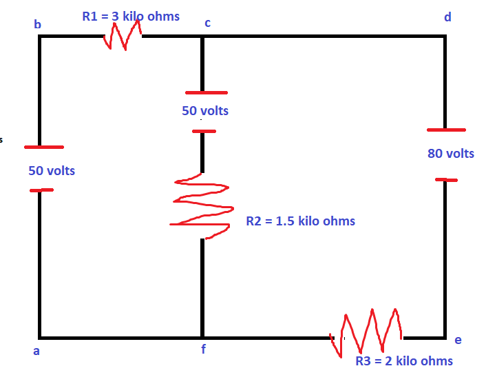 R1 = 3 kilo ohms
d
b
50 volts
80 volts
50 volts
R2 = 1.5 kilo ohms
a
f
R3 = 2 kilo ohms
