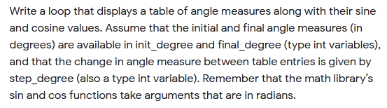Write a loop that displays a table of angle measures along with their sine
and cosine values. Assume that the initial and final angle measures (in
degrees) are available in init_degree and final_degree (type int variables),
and that the change in angle measure between table entries is given by
step_degree (also a type int variable). Remember that the math library's
sin and cos functions take arguments that are in radians.
