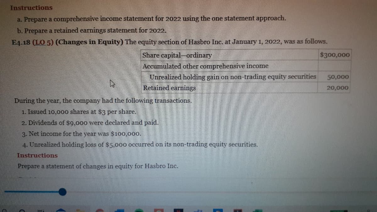 Instructions
a. Prepare a comprehensive income statement for 2022 using the one statement approach.
b. Prepare a retained earnings statement for 2022.
E4-18 (LO 5) (Changes in Equity) The equity section of Hasbro Ine, at January 1, 2022, was as follows.
Share eapital-ordinary
$300,000
Accumulated other comprehensive income
Unrealized holding gain on non-trading equity securities
50,000
Retained earnings
20,000
During the year, the company had the following transactions.
1. Issued 10,000 shares at $3 per share.
2. Dividends of $9,000 were declared and paid.
3. Net income for the year was $100,00o.
4. Unrealized holding loss of $5,000 occurred on its non-trading equity securities.
Instructions
Prepare a statement of changes in equity for Hasbro Inc.
