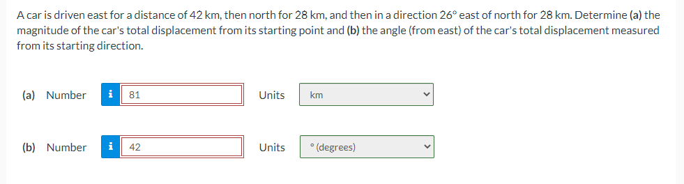 A car is driven east for a distance of 42 km, then north for 28 km, and then in a direction 26° east of north for 28 km. Determine (a) the
magnitude of the car's total displacement from its starting point and (b) the angle (from east) of the car's total displacement measured
from its starting direction.
(a) Number
i
81
Units
km
(b) Number
i
42
Units
° (degrees)

