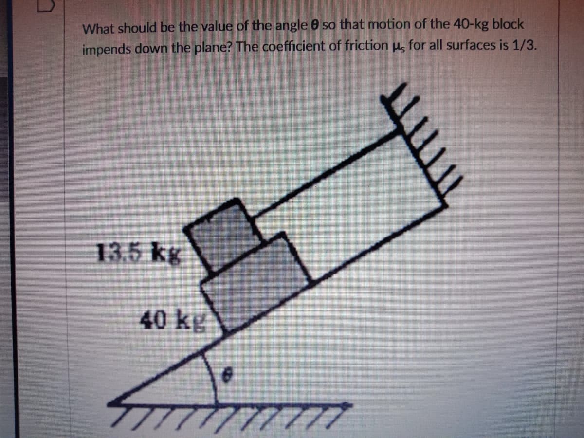 What should be the value of the angle 0 so that motion of the 40-kg block
impends down the plane? The coefficient of friction u, for all surfaces is 1/3.
13.5 kg
40 kg
